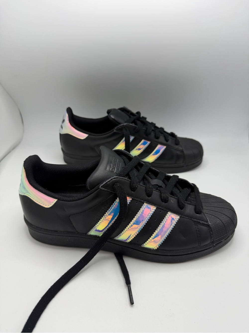 adidas Black Superstar Sneakers with Iridescent Stripes Size 7.5